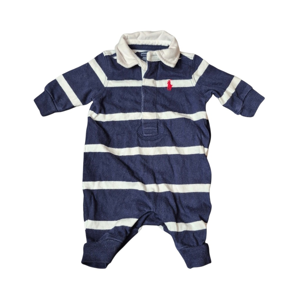 Polo Ralph Lauren Baby Newborn Rugby Stripe Romper Blue White Cotton